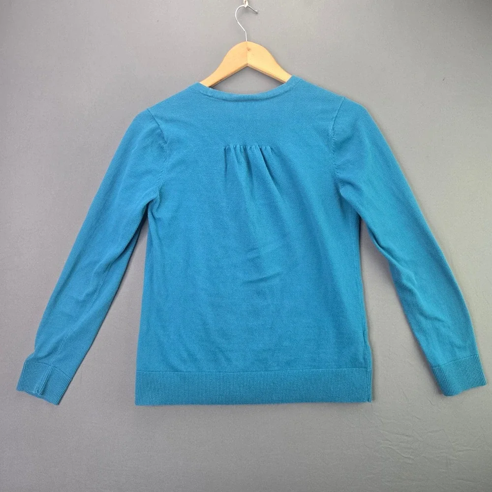LOFT Cardigan Sweater Medium Blue V-Neck Button Up Pleated Knit Top 2829